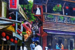 九份（キュウフン）街頭にて（油彩、F6 410×318cm、￥40,000 額なし）